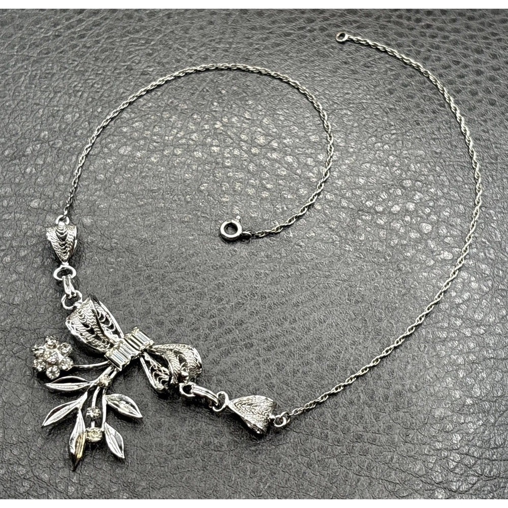 VTG Sherman Sterling Silver Floral Bow Leaf Cluster Bib Choker Necklace 14.5"